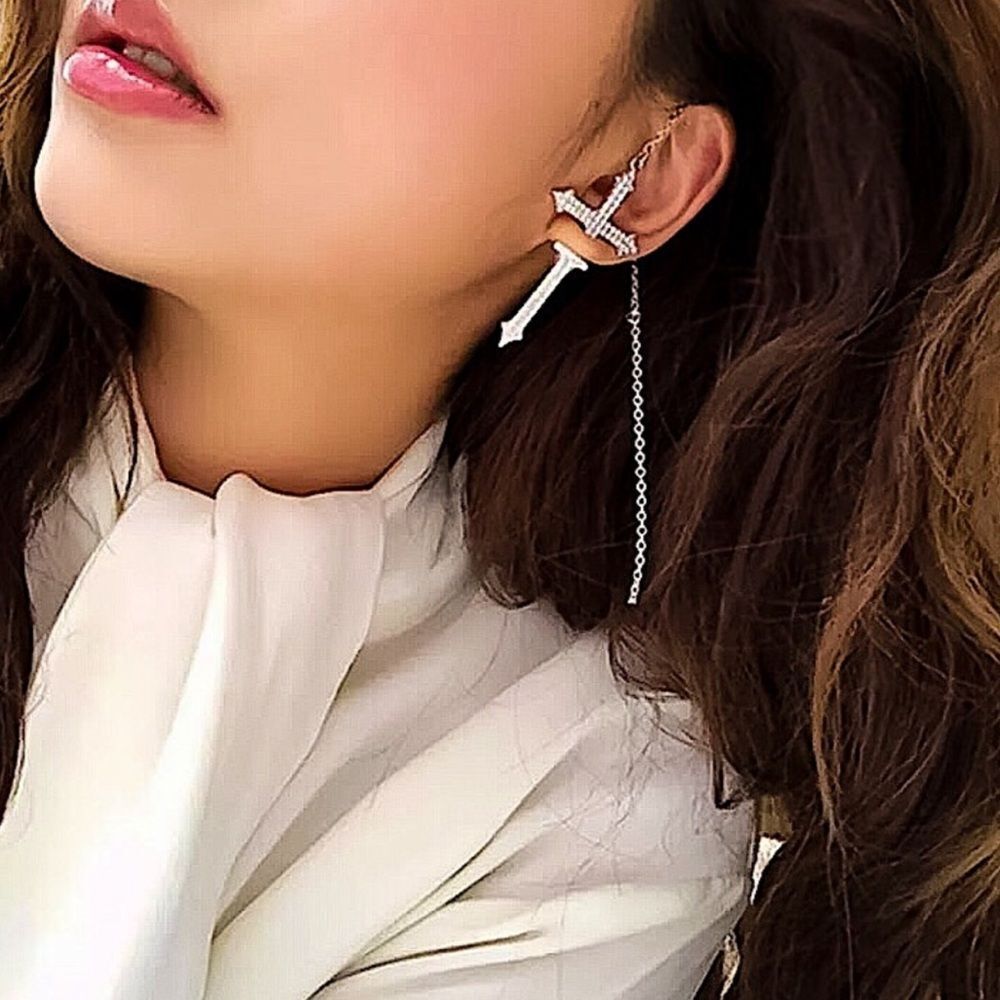 Silver Crystal Cross Ear Wrap Chain Statement Earring NEW